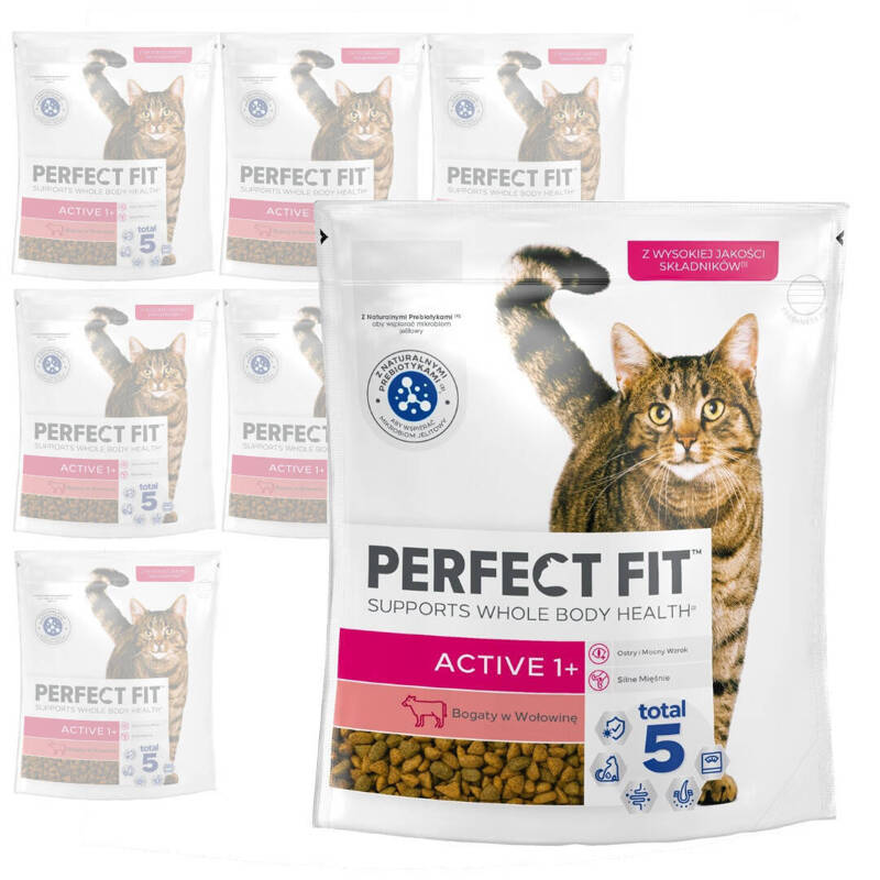 Perfect Fit Active 1+ z Wołowiną 8x750g Sucha Karma Dla Aktywnych Dorosłych Kotów