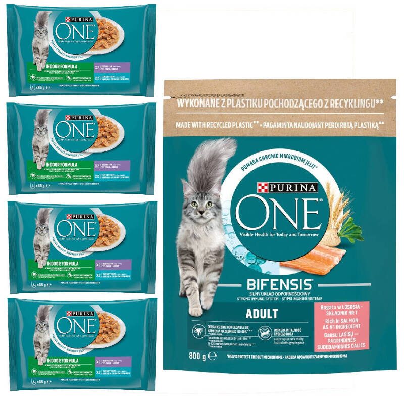 Purina One Indoor Formula Mokra Karma Dla Kota z Cielęciną i Tuńczykiem 16x85g + Sucha Bifensis z Łososiem 800g