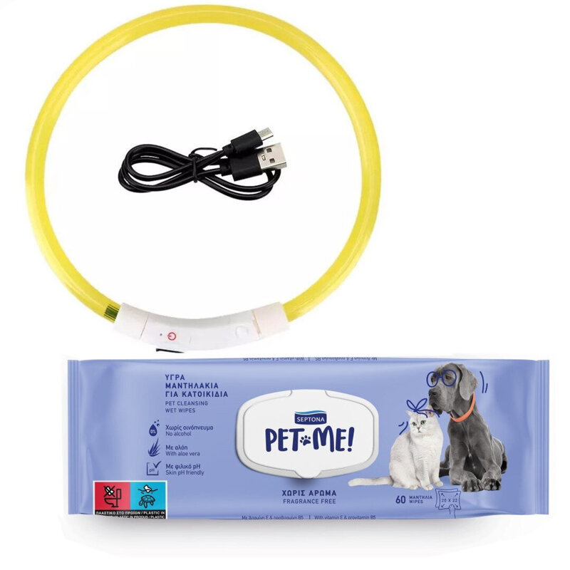 Świecąca Obroża LED Dla Psa Rozmiar S Żółta + Septona Pet Me Mokre Chusteczki 60szt. 20x22cm