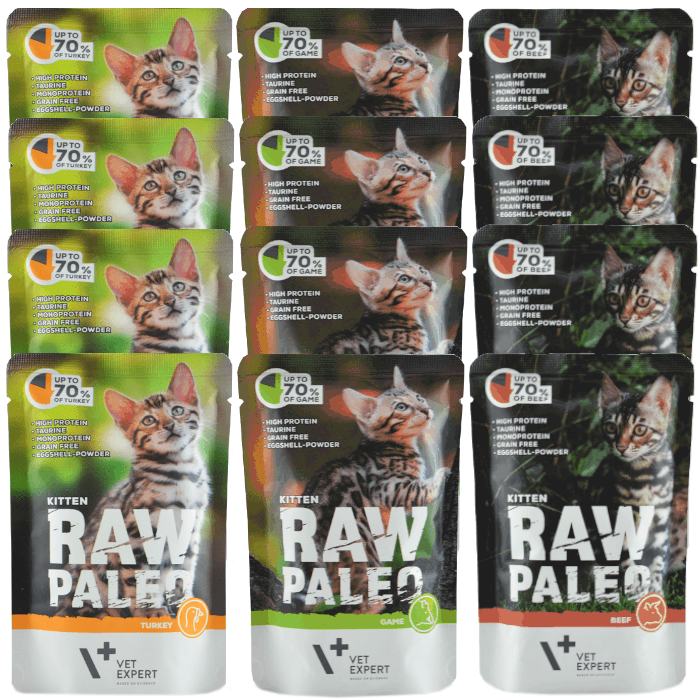 Vet Expert Raw Paleo Kitten Mix Smaków 12x100g Karma Mokra Z Wołowiną Dziczyzną i Indykiem Dla Kociąt