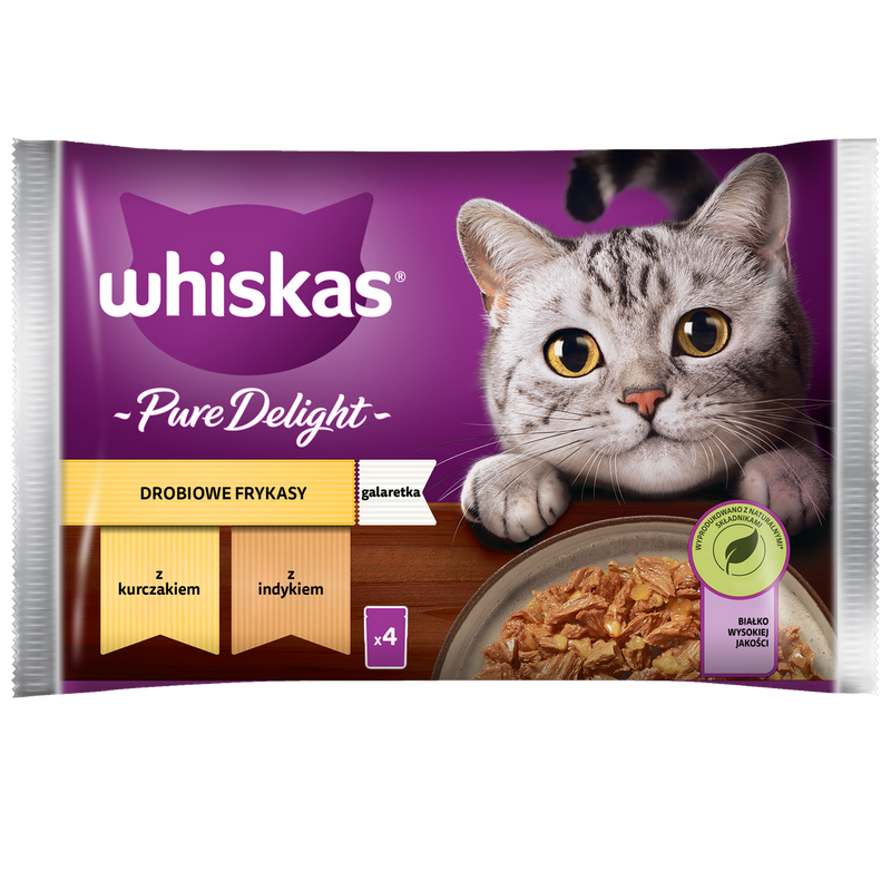 WHISKAS Adult Saszetka 4 x 85g Drobiowe Frykasy Mokra Karma Dla Dorosłego Kota w Galaretce Kawałki z Kurczakiem i z Indykiem