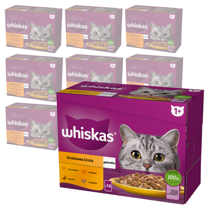 WHISKAS Adult Saszetki 120x85g Drobiowa Uczta Mokra Karma Dla Dorosłego Kota w Galaretce Kawałki z Kurczakiem Kaczką Drobiem Indykiem