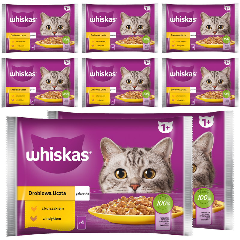 WHISKAS Adult Saszetki 32 x 85g Drobiowa Uczta Mokra Karma Dla Dorosłego Kota w Galaretce Kawałki z Kurczakiem i Indykiem