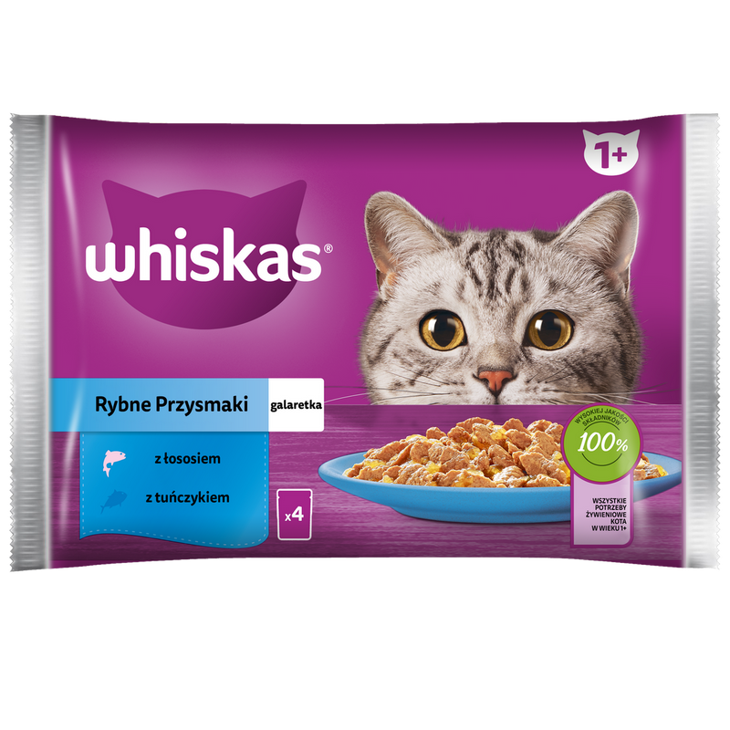 WHISKAS Adult Saszetki 4 x 85g Rybne Przysmaki Mokra Karma Dla Dorosłego Kota w Galaretce Kawałki z Łososiem i z Tuńczykiem