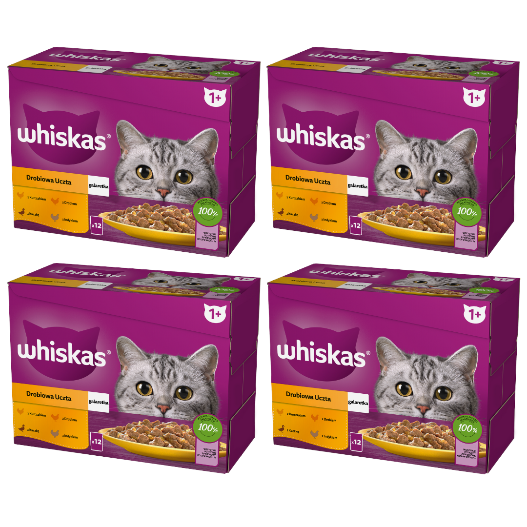 WHISKAS Adult Saszetki 48 x 85g Drobiowa Uczta Mokra Karma Dla Dorosłego Kota w Galaretce Kawałki z Kurczakiem Kaczką Drobiem Indykiem