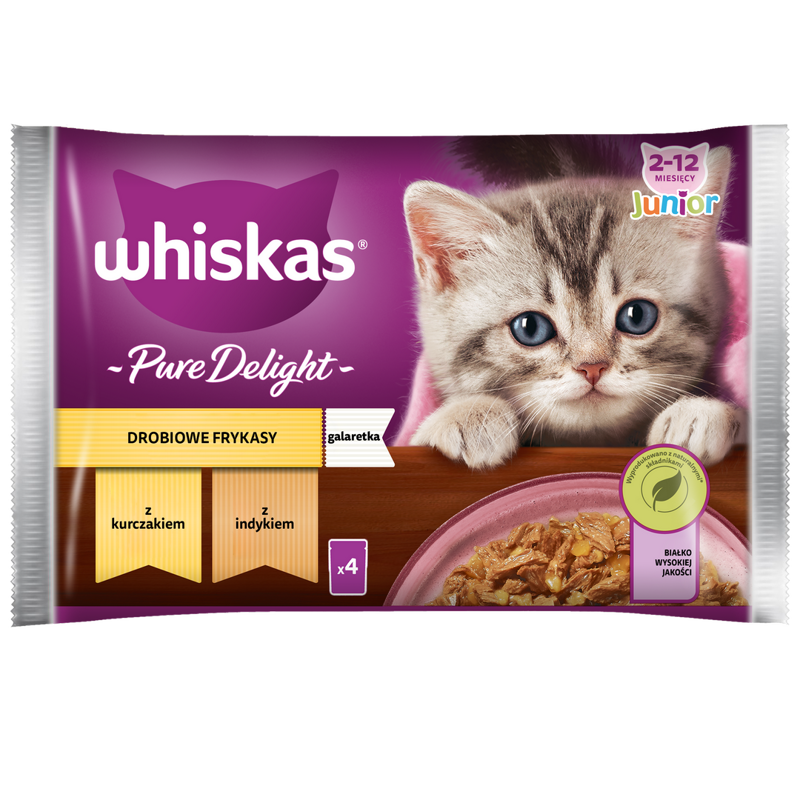 WHISKAS Junior Saszetki 4 x 85g Drobiowe Frykasy Mokra Karma Dla Kociąt w Galaretce Kawałki z Kurczakiem i z Indykiem