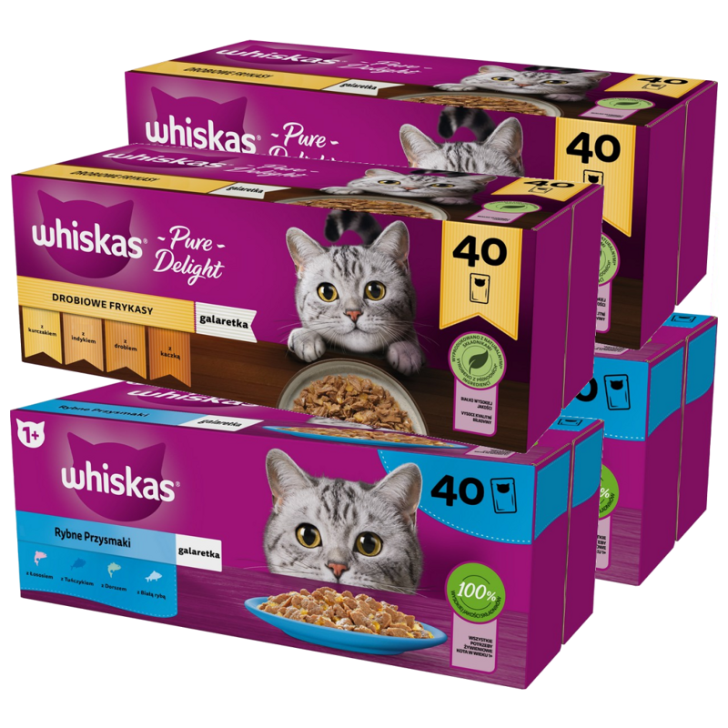 Whiskas Adult 160x85g Rybne Przysmaki I Drobiowe Frykasy Mokra Karma Dla Dorosłych Kotów 8 Smaków W Galaretce