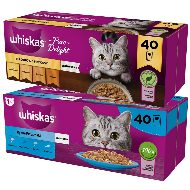 Whiskas Adult 80x85g Rybne Przysmaki I Drobiowe Frykasy Mokra Karma Dla Dorosłych Kotów 8 Smaków W Galaretce