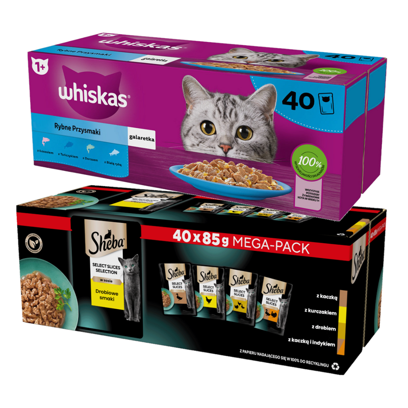 Whiskas Rybne Przysmaki W Galaretce + Sheba Selection Drobiowe Smaki w Sosie 80x85g Mokra Karma Dla Kota