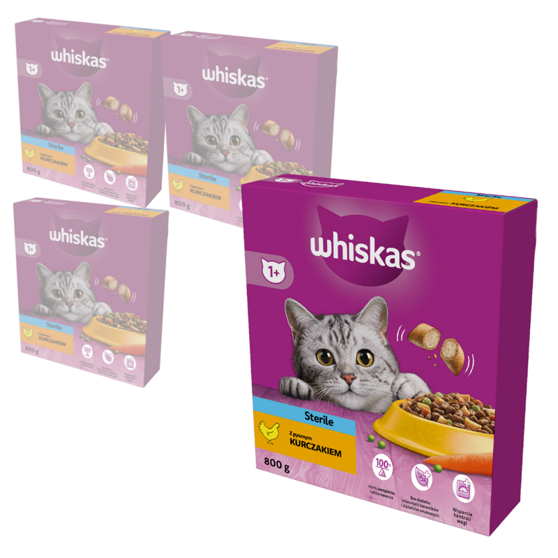 Whiskas Sterile 4x800g Sucha Karma Dla Dorosłych Kotów Po Zabiegu Kastracji Z Kurczakiem