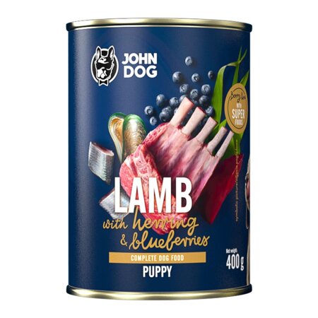 John Dog Berry JUNIOR JAGNIĘCINA I ŚLEDŹ z borówkami 400g Mokra Karma dla szczeniąt, 96% mięsa