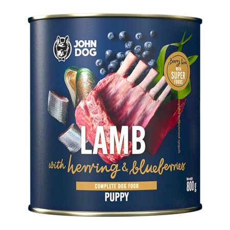 John Dog Berry JUNIOR JAGNIĘCINA I ŚLEDŹ z borówkami 800g - Mokra Karma dla szczeniąt, 96% mięsa