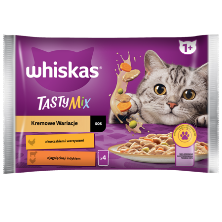 WHISKAS Adult Saszetka 4 x 85g Kremowe Wariacje Mokra Karma Dla Dorosłego Kota w Sosie Kurczak z Warzywami, Jagnięcina z Indykiem