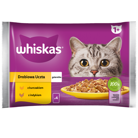 WHISKAS Adult Saszetki 4 x 85g Drobiowa Uczta Mokra Karma Dla Dorosłego Kota w Galaretce Kawałki z Kurczakiem i Indykiem