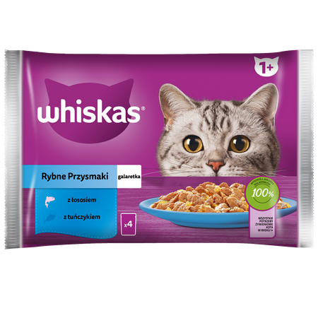 WHISKAS Adult Saszetki 4 x 85g Rybne Przysmaki Mokra Karma Dla Dorosłego Kota w Galaretce Kawałki z Łososiem i z Tuńczykiem