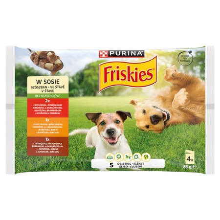 Friskies 4x85g Mokra Karma Dla Dorosłych Psów z Wołowiną Kurczakiem i Jagnięciną W Sosie