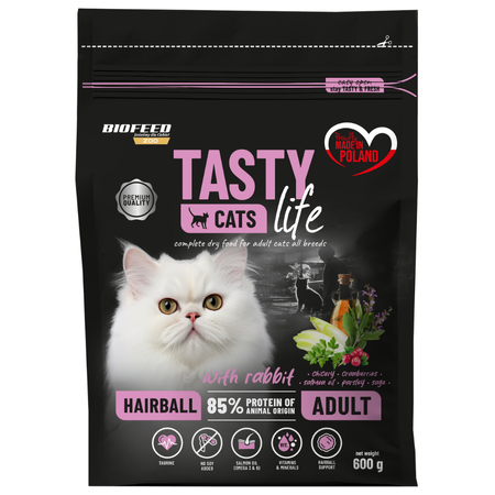Biofeed Tasty Cats Life Hairball 600g Sucha Karma Dla Dorosłych Kotów Z Królikiem Przeciw Kulom Włosowym
