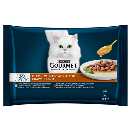 Purina Gourmet Perle Fileciki w Smakowitym Sosie 16x85g Mokra Karma Dla Kota Z Kurczakiem I Wołowiną