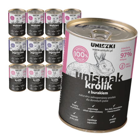 Uniszki Unismak 12x400g Bezzbożowa Mokra Karma dla Psa Mix Smaków Jagnięcina Królik Wołowina