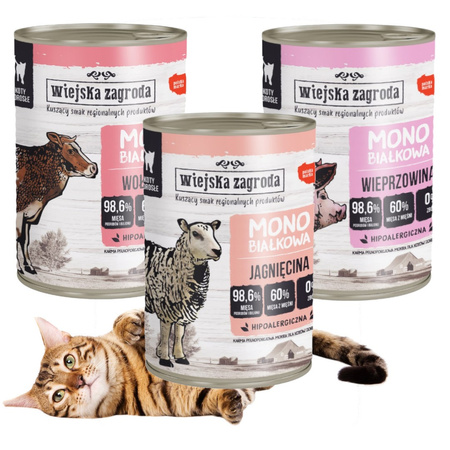 Wiejska Zagroda Monobiałkowa Karma Mokra Dla Kota Mix 3 Smaków Bez Drobiu 98,6% Mięsa 12x400g