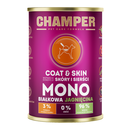 Champer Coat & Skin 6x400g Monobiałkowa Mokra Karma Dla Psa Mix Smaków Wsparcie Kondycji Skóry I Sierści