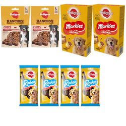 Pedigree Zestaw Przysmaków Mix Biscrok 2x500g + Rodeo 4x123g + Ranchos Cubes z Wołowiną 2x70g Treserki 