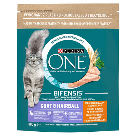 Purina One Cat Coat&Hairball 2x800g Sucha Karma z Kurczakiem Dla Kota Przeciw Kulom Włosowym