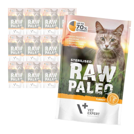 Vet Expert Raw Paleo Sterilised Turkey 12x100g Saszetka Karma Mokra z Indykiem Dla Kotów Sterylizowanych
