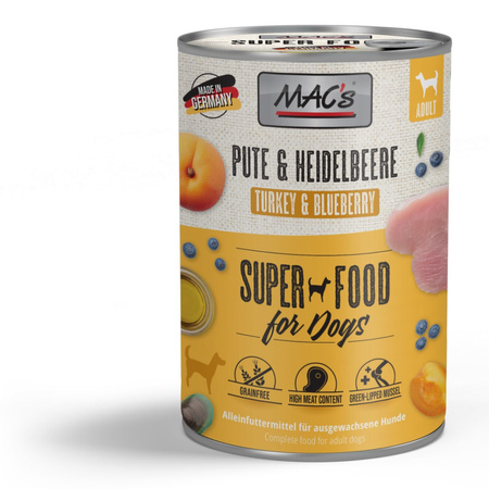 MAC's Dog Bezzbożowa Mokra Karma Dla Psa Z Indykiem I Borówką 6x400g Na Stawy Skórę Sierść