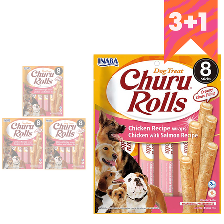 Inaba Dog Churu Rolls Wraps 4x96g Przysmak Dla Psa Kurczak z Łososiem 3+1 Gratis