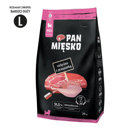 Pan Mięsko Sucha Karma Dla Szczeniąt Cielęcina Z Przepiórką 20kg Duże Chrupki L
