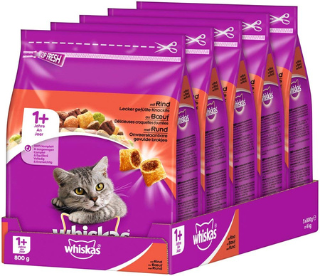 SUCHA KARMA dla kota  Whiskas Adult 1+ wołowina 5x800g