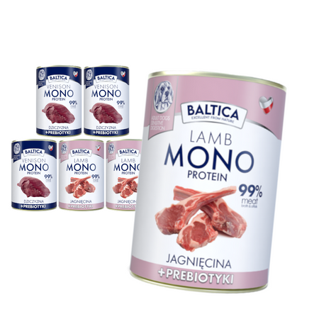Baltica Monoprotein 6x400g Hipoalergiczna Bezzbożowa Mokra Karma Dla Psa z Prebiotykami Jagnięcina Dziczyzna