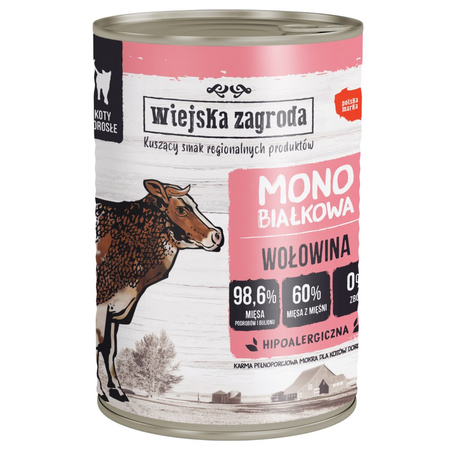 Wiejska Zagroda Monobiałkowa Karma Mokra Dla Kota Wołowina 98,6% Mięsa 12x400g