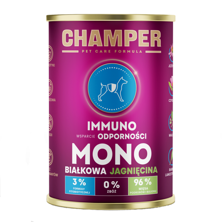 Champer Immuno Monobiałkowa 12x400g Mokra Karma Dla Psa Z Jagnięciną Wsparcie  Odporności