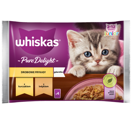 Whiskas Junior Saszetki 4x340g Drobiowe Frykasy Mokra Karma Dla Kociąt W Galaretce Kawałki Z Kurczakiem I Z Indykiem