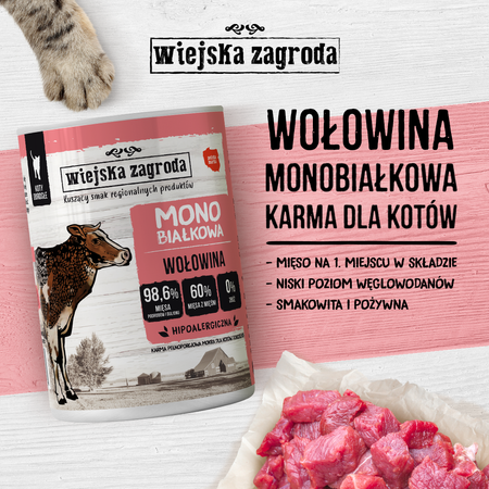 Wiejska Zagroda Monobiałkowa Karma Mokra Dla Kota Wołowina 98,6% Mięsa 12x400g