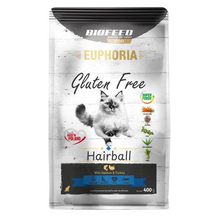 Biofeed Euphoria Gluten Free Hairball 400g Sucha Karma Dla Kota z Indykiem i Łososiem