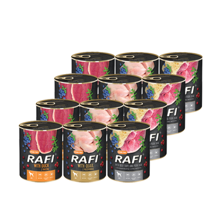 Rafi Mokra Karma dla Dorosłych Psów 3 Smaki Puszka Zestaw 12 x 400 g