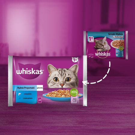 WHISKAS Adult Saszetki 4 x 85g Rybne Przysmaki Mokra Karma Dla Dorosłego Kota w Galaretce Kawałki z Łososiem i z Tuńczykiem