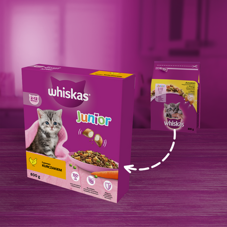 Whiskas Junior 800g Sucha Karma Pełnoporcjowa Dla Kociąt Z Kurczakiem