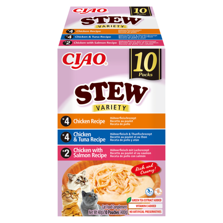 Inaba Cat Ciao Stew 10x40g Uzupełniająca Karma Dla Kota Potrawka z Kurczakiem Tuńczykiem i Łososiem