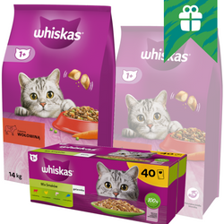 Whiskas Adult 2x14kg Sucha Karma Dla Kotów Z Wołowiną i Warzywami + GRATIS 40x85g Mix Smaków Mokra Karma w Galaretce