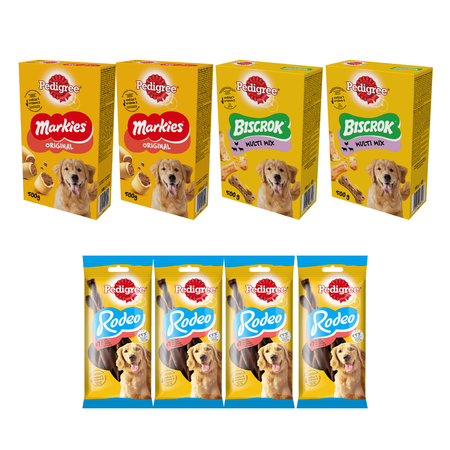 Pedigree Zestaw Przysmaków Ciasteczka 4x500g + Rodeo 4x123g Mix Smaków