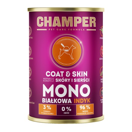 Champer Coat & Skin 6x400g Monobiałkowa Mokra Karma Dla Psa Mix Smaków Wsparcie Kondycji Skóry I Sierści