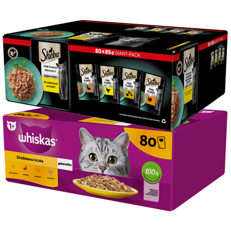 Mokra Karma Dla Kota Whiskas Drobiowa Uczta 80x85g + Sheba Delicacy Drobiowe Smaki W Galaretce 80x85g