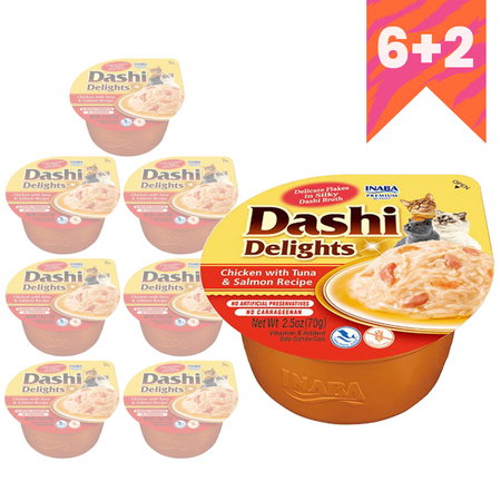 Inaba Cat Dashi Delights 8x70g Uzupełniająca Karma Dla Kota Bulion z Kurczakiem Tuńczykiem i Łososiem 6+2 Gratis