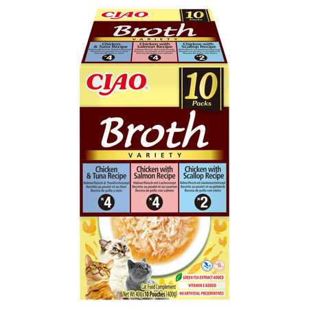 Inaba Cat Ciao Broth 10x40g Uzupełniająca Karma Dla Kota Bulion z Kurczakiem Łososiem Tuńczykiem i Przegrzebkami