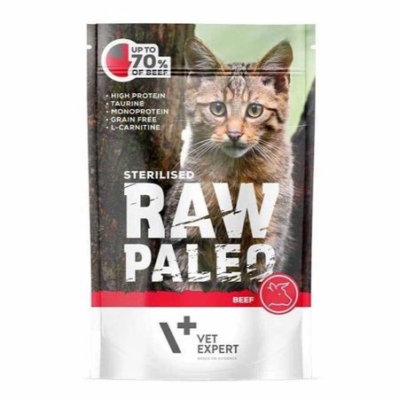 Vet Expert Raw Paleo Sterilised Mix Smaków 12x100g Karma Mokra z Indykiem Dziczyzną i Wołowiną Dla Kotów Sterylizowanych