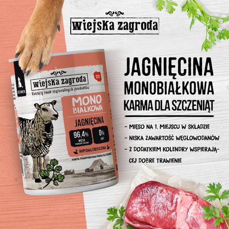 Wiejska Zagroda Monobiałkowa Karma Mokra Dla Psów Szczeniąt Jagnięcina 96,4% Mięsa 24x400g